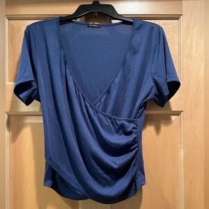 Anrilita Women’s Blue Front Faux Wrap Ruched Short Sleeve Deep V Summer Top L
